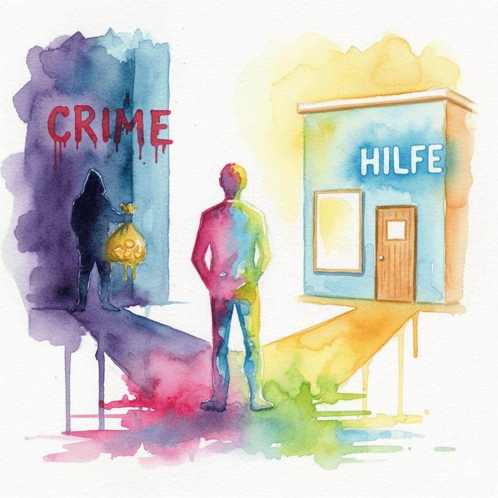 Eine Person am Scheideweg zwischen dem schnellen, kriminellen Geld und dem ehrlichen, aber schwierigen Weg der professionellen Hilfe, wie der Schuldnerberatung.