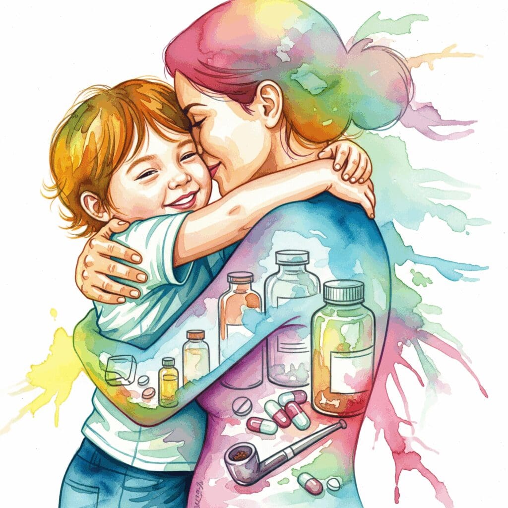 Eine Mutter, die ihr Kind umarmt, aber selbst verblasst und durch Suchtmittel ersetzt wird, als Symbol für den Selbstverlust und den inneren Konflikt einer süchtigen Mutter.