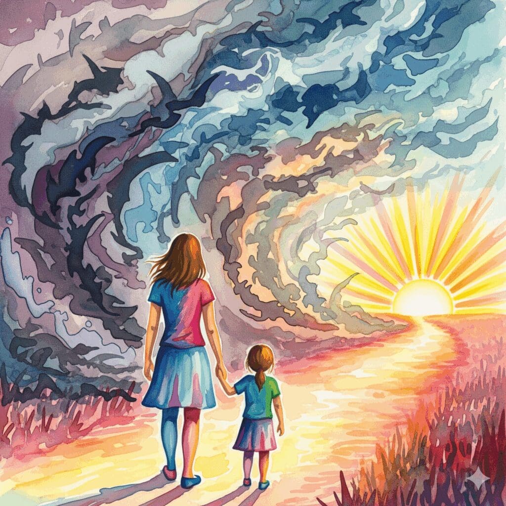 Eine Mutter und ein Kind, die einem Sturm entkommen und auf einen hellen Weg zugehen, als Symbol für die Hoffnung und den Ausweg durch professionelle Hilfe.