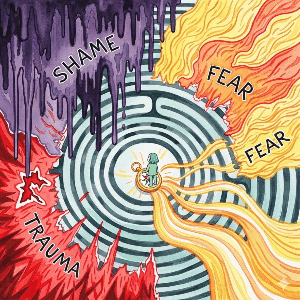 Trauma Scham Labyrinth Sexualität Recovery Ausweg emotionale Wände Violett Schwarz Rot Orange goldener Kompass Hoffnung