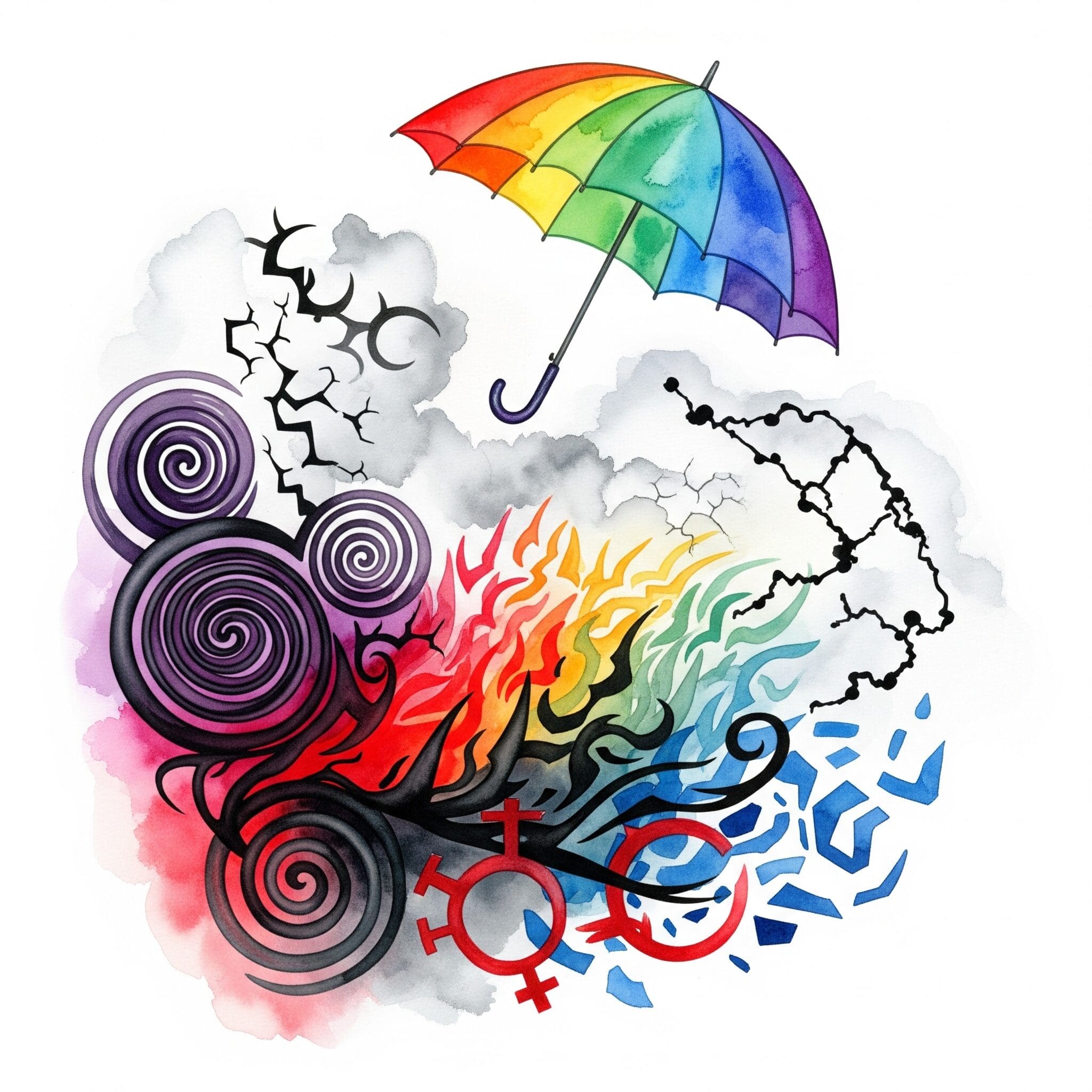 Abstrakte Formen repräsentieren verschiedene Trauma-Typen - Strudel, gezackte Formen, neblige Bereiche unter regenbogenfarbenem Heilungsschirm