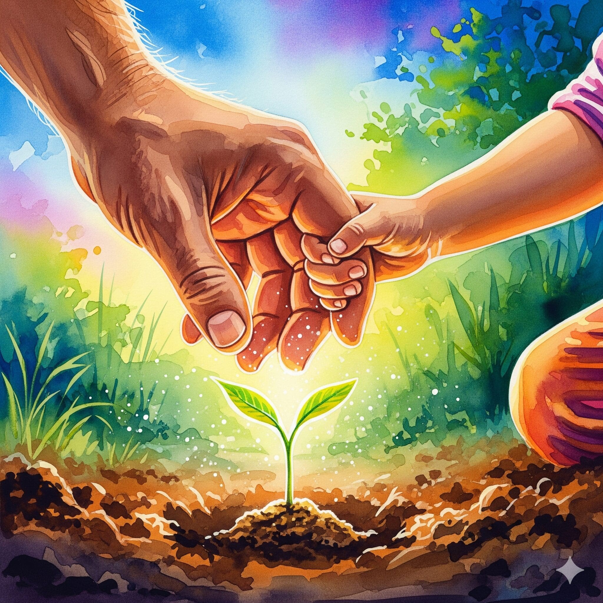 Die Hand eines Vaters und eines Kindes pflanzen gemeinsam einen Setzling, als Symbol für das Durchbrechen von Generationsmustern und gemeinsames emotionales Wachstum.