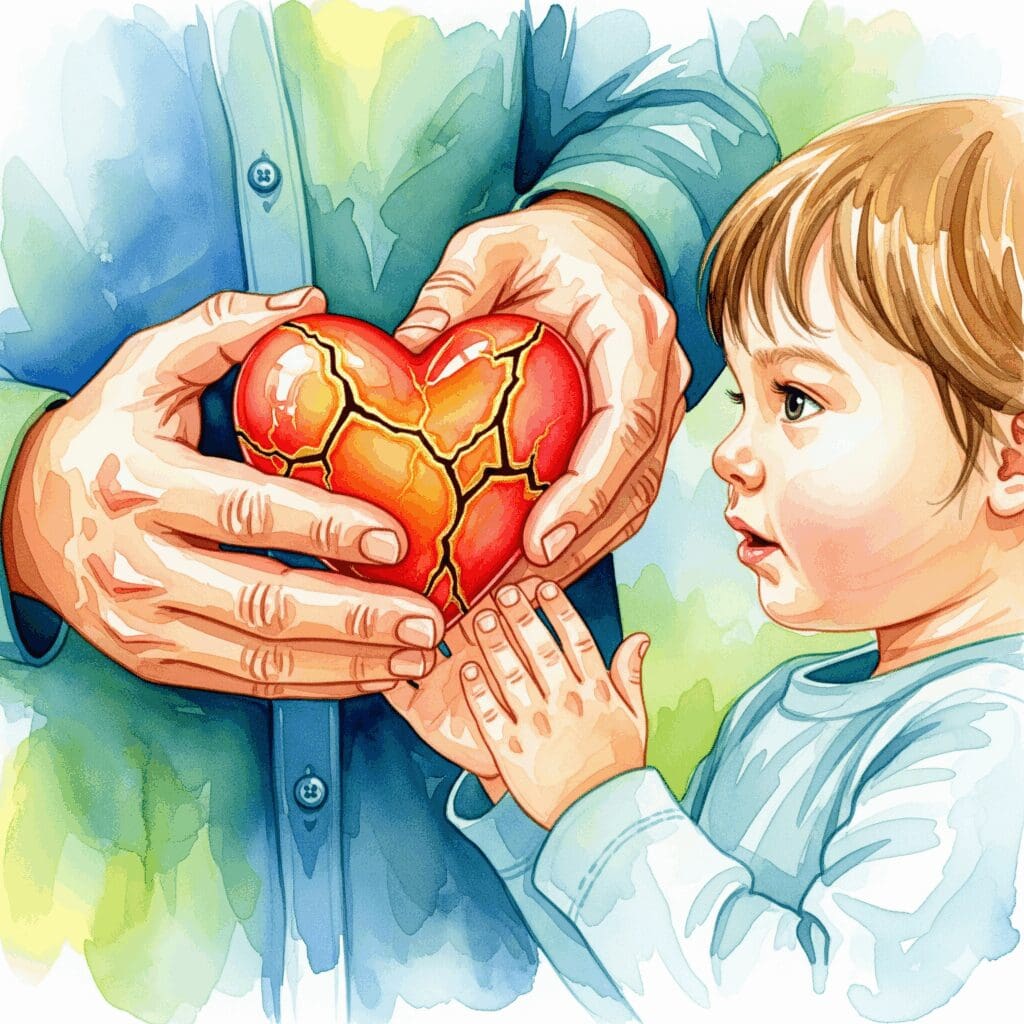 Ein Vater zeigt seinem Kind ein mit Gold repariertes Herz (Kintsugi), als Symbol dafür, dass Wunden und deren Heilung einen Menschen wertvoll und stark machen.