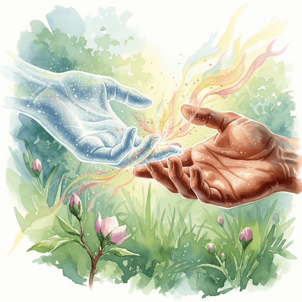 Zwei Hände berühren sich vorsichtig - durchscheinende Geist-Hand und feste Körper-Hand mit Lichtfunken zwischen ihnen in sanften Watercolor-Tönen