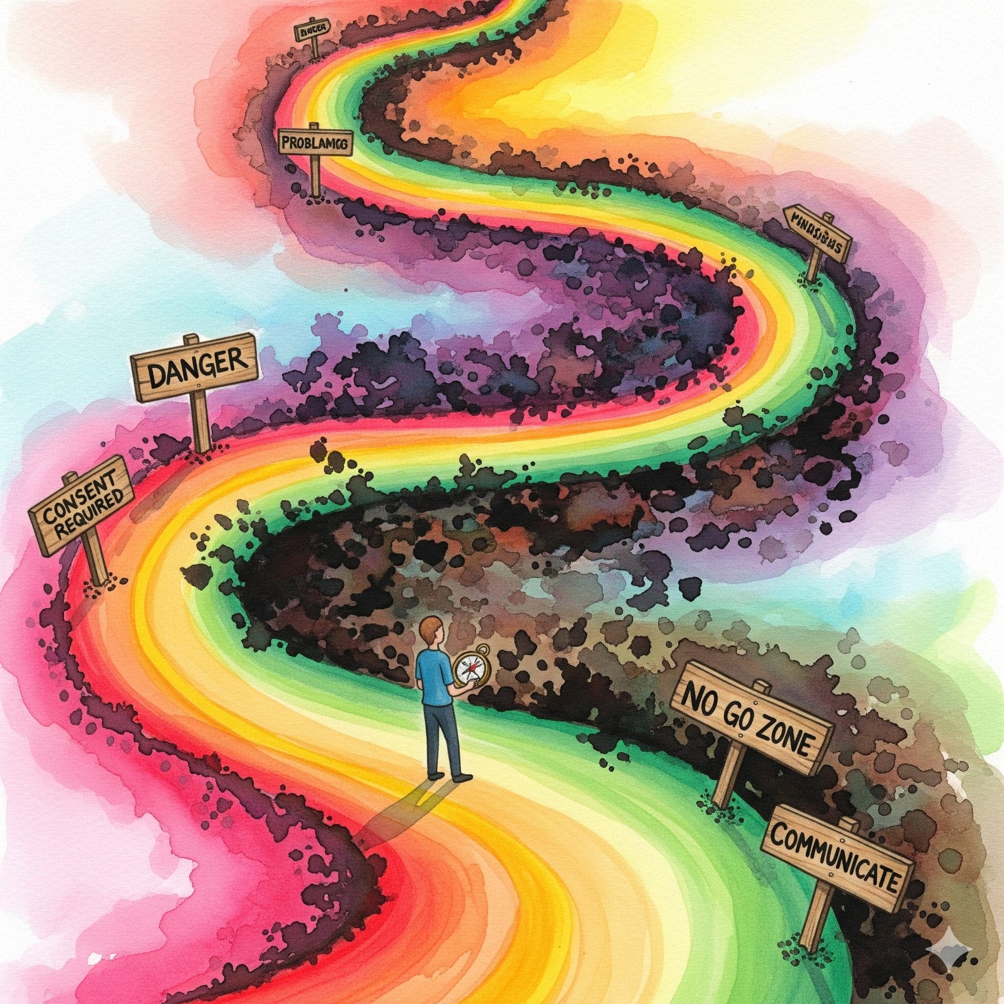 Watercolor-Illustration eines farbenfrohen Pfades mit Warnschildern, dunkle chaotische Bereiche als Gefahrenzonen, Person mit Kompass navigiert bewusst um Risiken herum