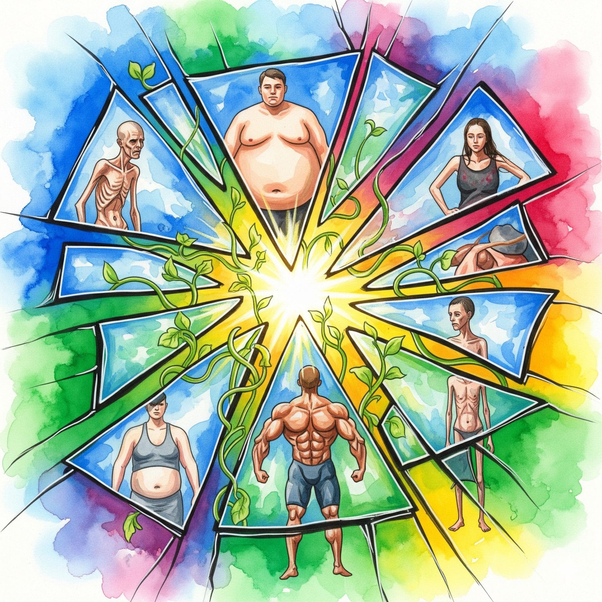 Zerbrochener Spiegel zeigt verzerrte Selbstbilder, aus Rissen wächst neues grünes Leben in bunten Watercolor-Farben - Body Image Recovery Symbol