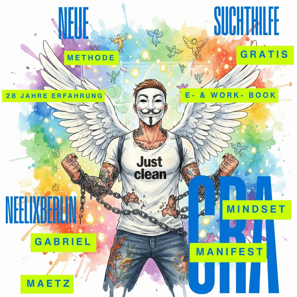 Die NeelixberliN-Figur (Watercolor) präsentiert stolz das kostenlose Ebook "Das CRA-Mindset-Manifest" als Wegweiser aus der Sucht.