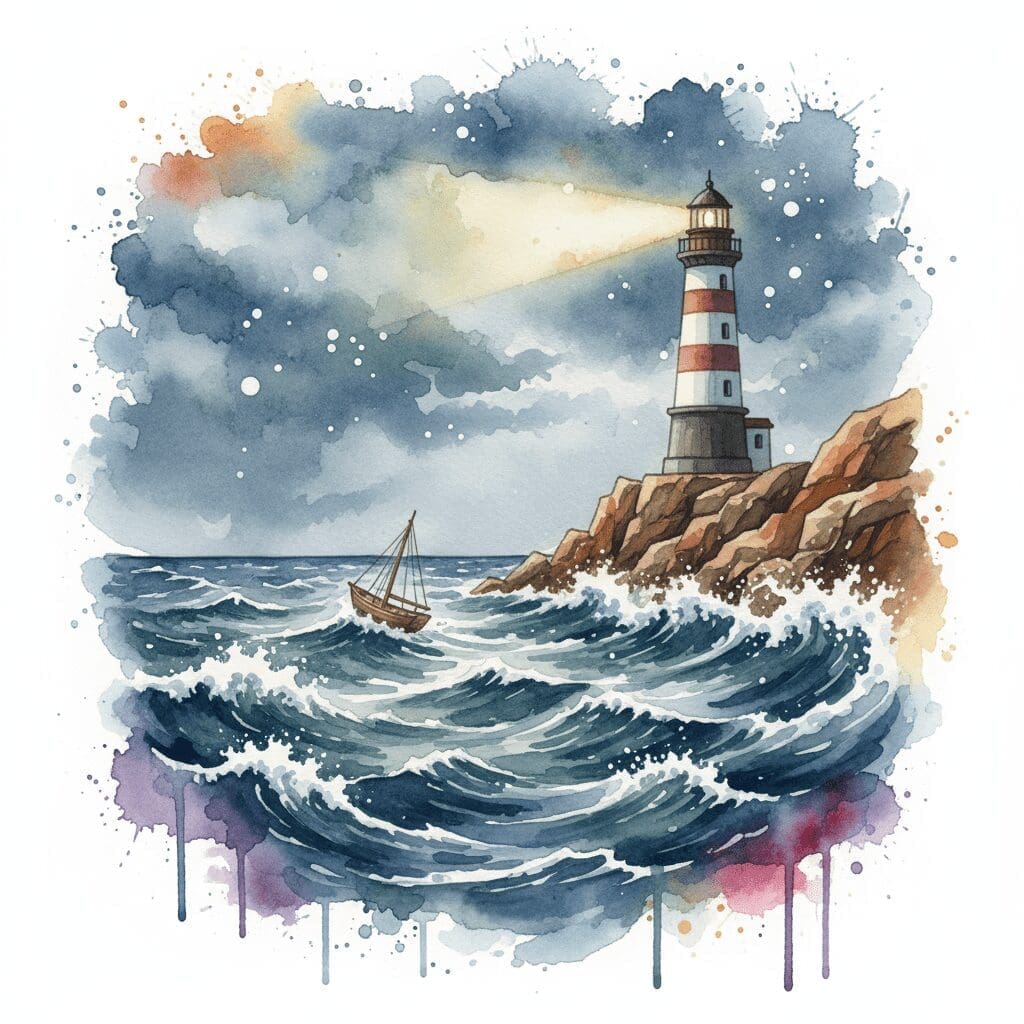 Ein starker Leuchtturm, der einem Schiff im Sturm den Weg weist, als Symbol für die gesunde Rolle eines Angehörigen in der Sucht-Recovery.