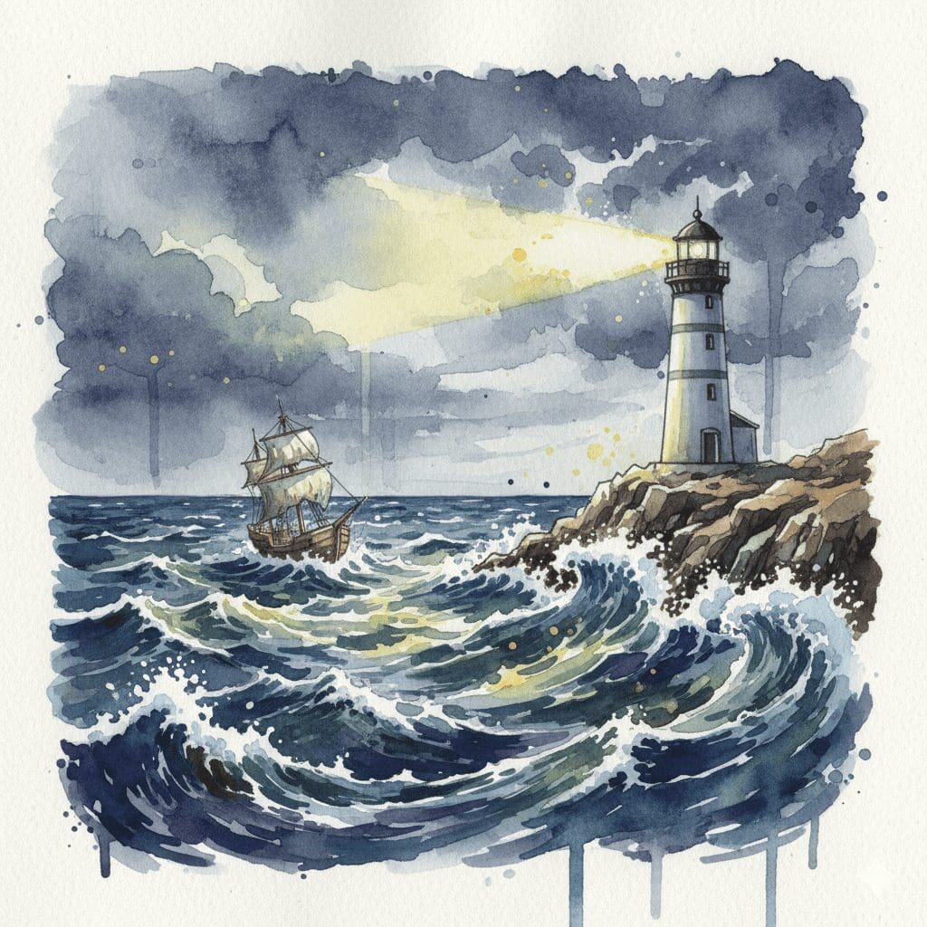 Ein starker Leuchtturm, der einem Schiff im Sturm den Weg weist, als Symbol für die gesunde Rolle eines Angehörigen in der Sucht-Recovery.