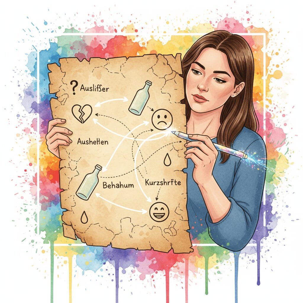 Eine Person entschlüsselt mit der Funktionsanalyse die Landkarte der Sucht und erkennt Muster zwischen Auslöser, Verhalten und Belohnung.