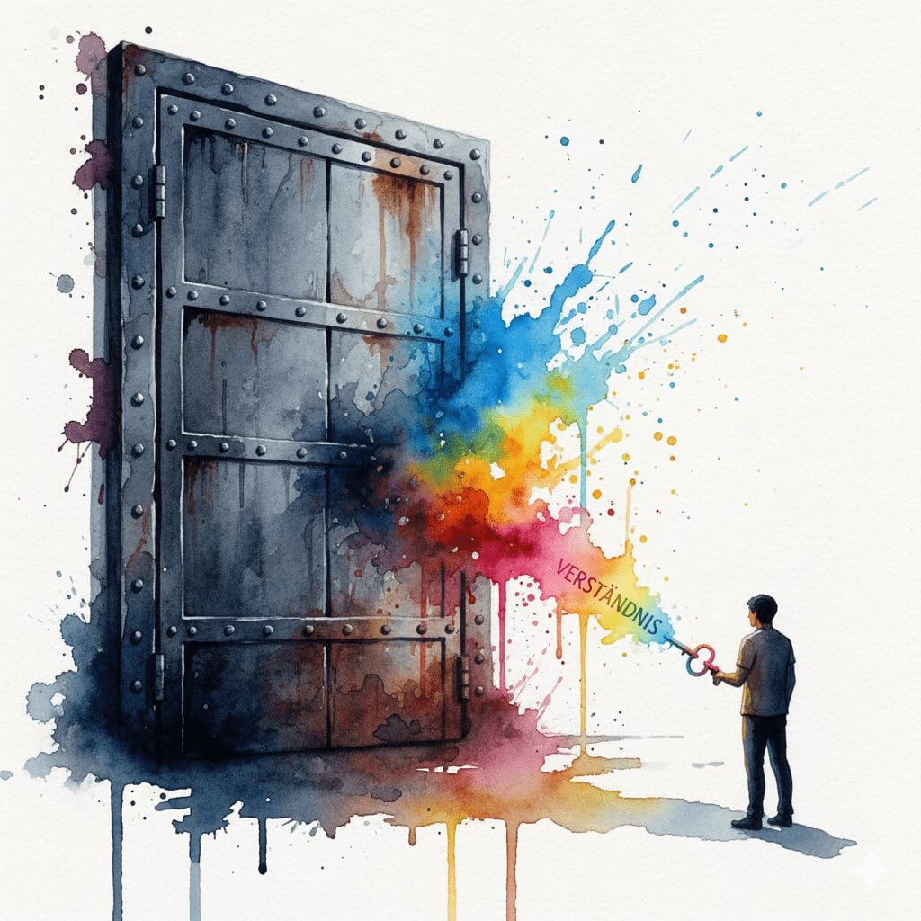 Eine Person hält den Schlüssel des Verständnisses, um eine massive, verschlossene Tür zu öffnen. Symbol für die Kraft der Empathie in der Kommunikation.