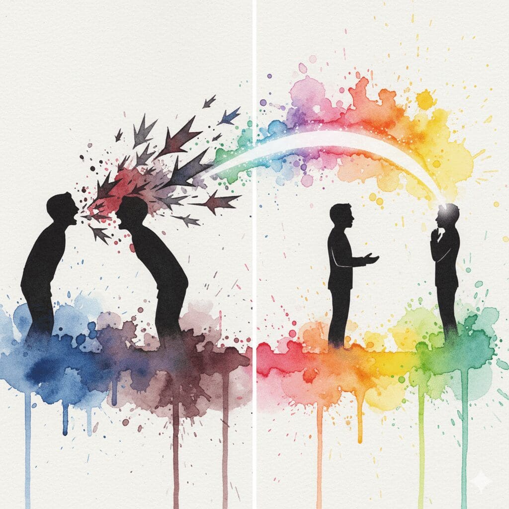 Der Unterschied zwischen destruktiver und konstruktiver Kommunikation: Worte als Waffen, die verletzen, und Worte als Werkzeuge, die eine Brücke bauen.