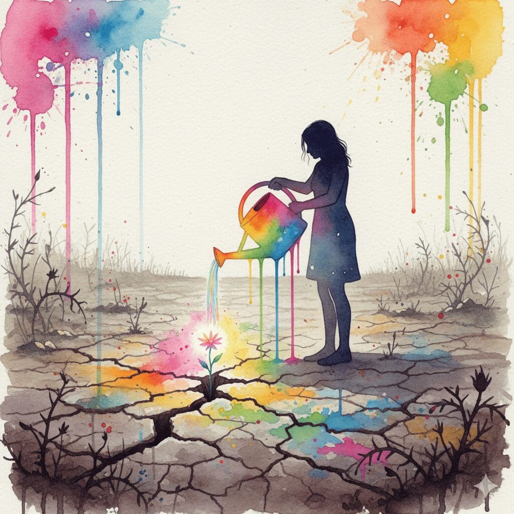 Eine Person gießt eine einzelne Blume in einer Wüste aus Unkraut. Symbol für die positive Verstärkung von gutem Verhalten bei Angehörigen.