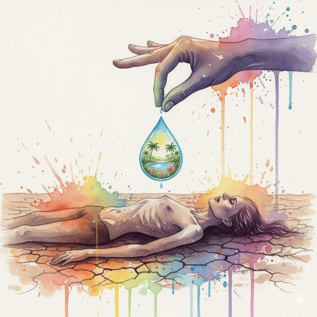 Ein Tropfen Wasser in der Wüste. Symbol für die lebensrettende Wirkung einer kleinen, unerwarteten positiven Geste für einen Süchtigen.