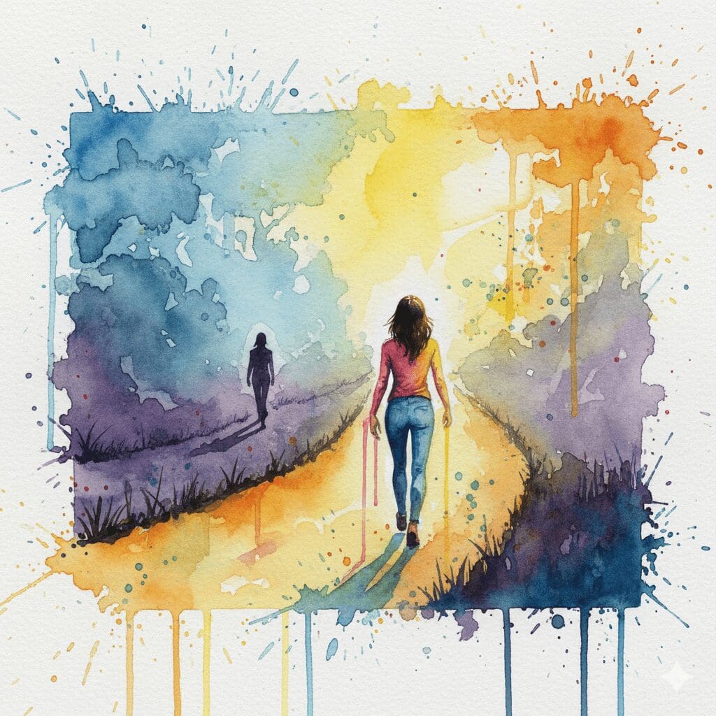 Eine Person, die ihren eigenen, hellen Weg geht und einen dunklen Weg hinter sich lässt. Symbol für die Entscheidung, das eigene Leben zu leben.