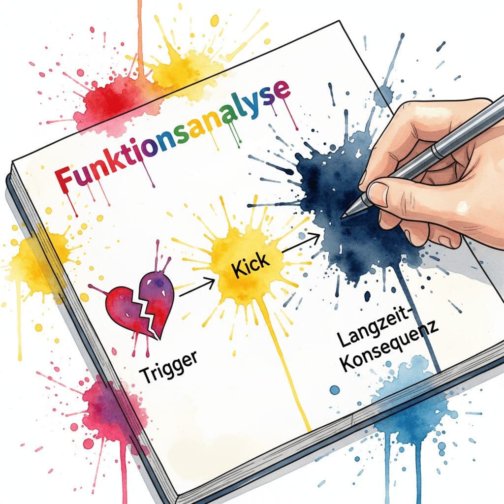 Eine Nahaufnahme im Watercolor-Stil, die eine Funktionsanalyse der Sucht zeigt: Trigger, Verhalten, kurzfristiger Kick (Belohnung) und langfristige Konsequenz (Preis).