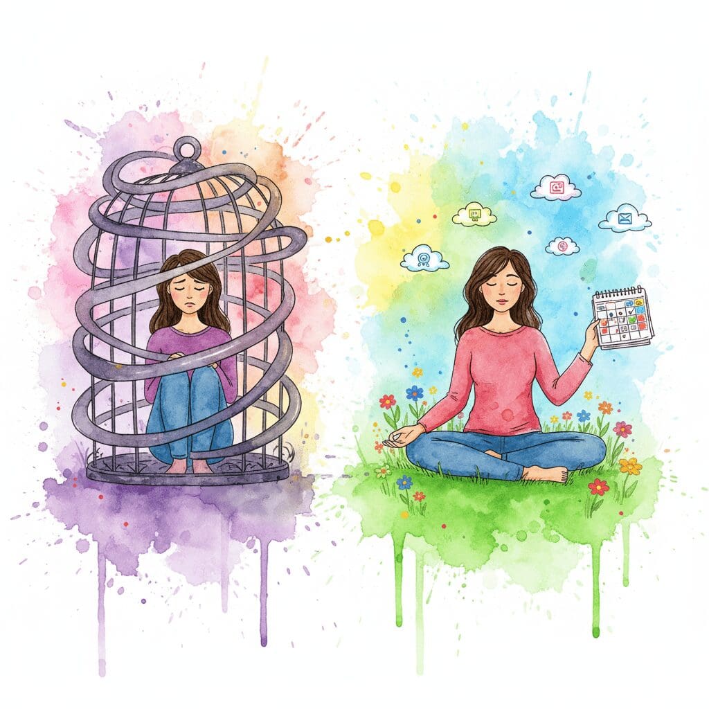 Eine Watercolor-Darstellung: Links gefangen im Gedanken-Gefängnis, rechts frei durch Achtsamkeit und Aktivitätenplanung im Jetzt (CRA).