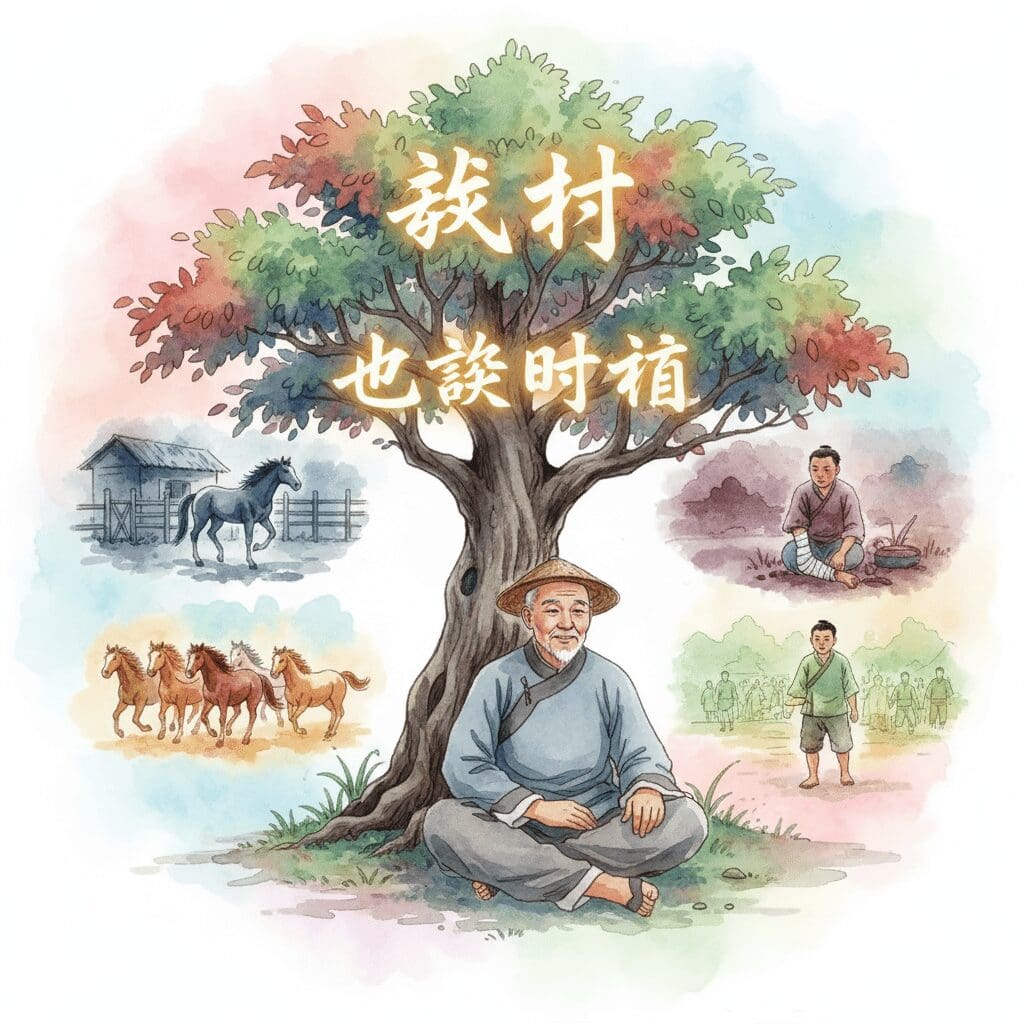 Eine Watercolor-Zeichnung des weisen chinesischen Bauern, der Glück und Pech mit "Mag sein" akzeptiert – Symbol für Urvertrauen.