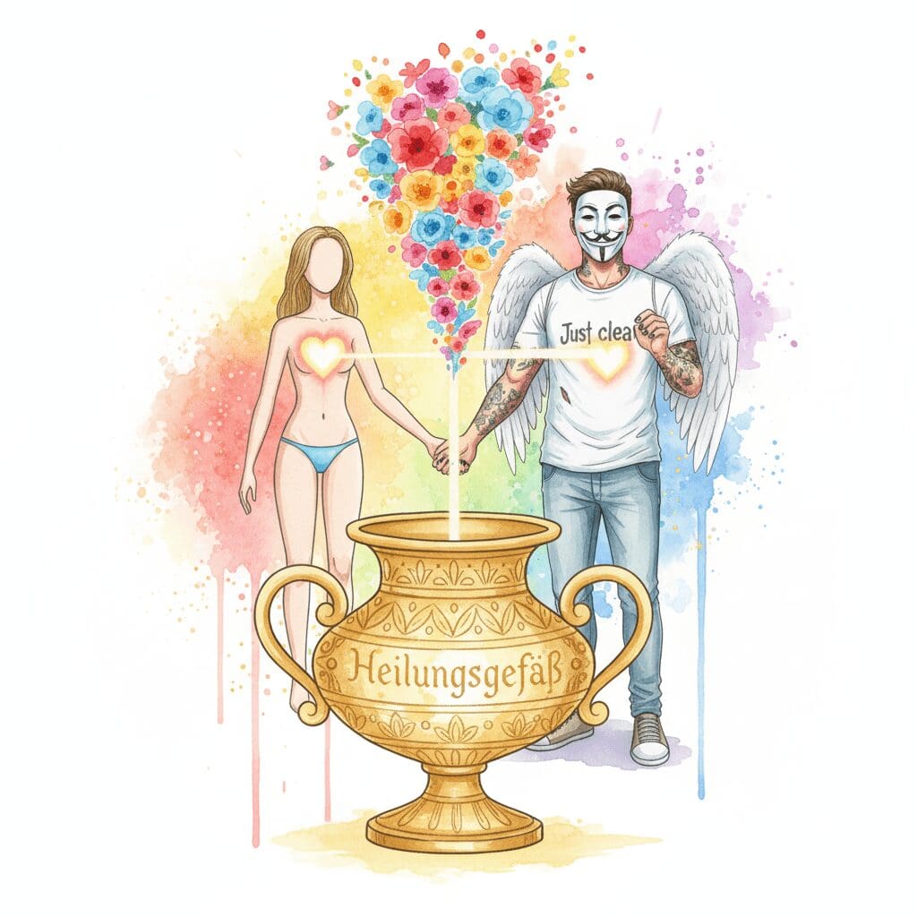 Die NeelixberliN-Figur und ihr Partner (Watercolor) sind liebevoll verbunden in einem goldenen Heilungsgefäß, aus dem Blumen wachsen.