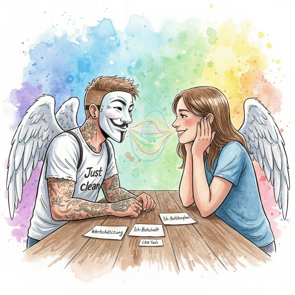 Ein Paar (mit NeelixberliN-Figur, Watercolor) nutzt CRA-Beziehungswerkzeuge (Kommunikation, Planung), um ihre Verbindung zu stärken.