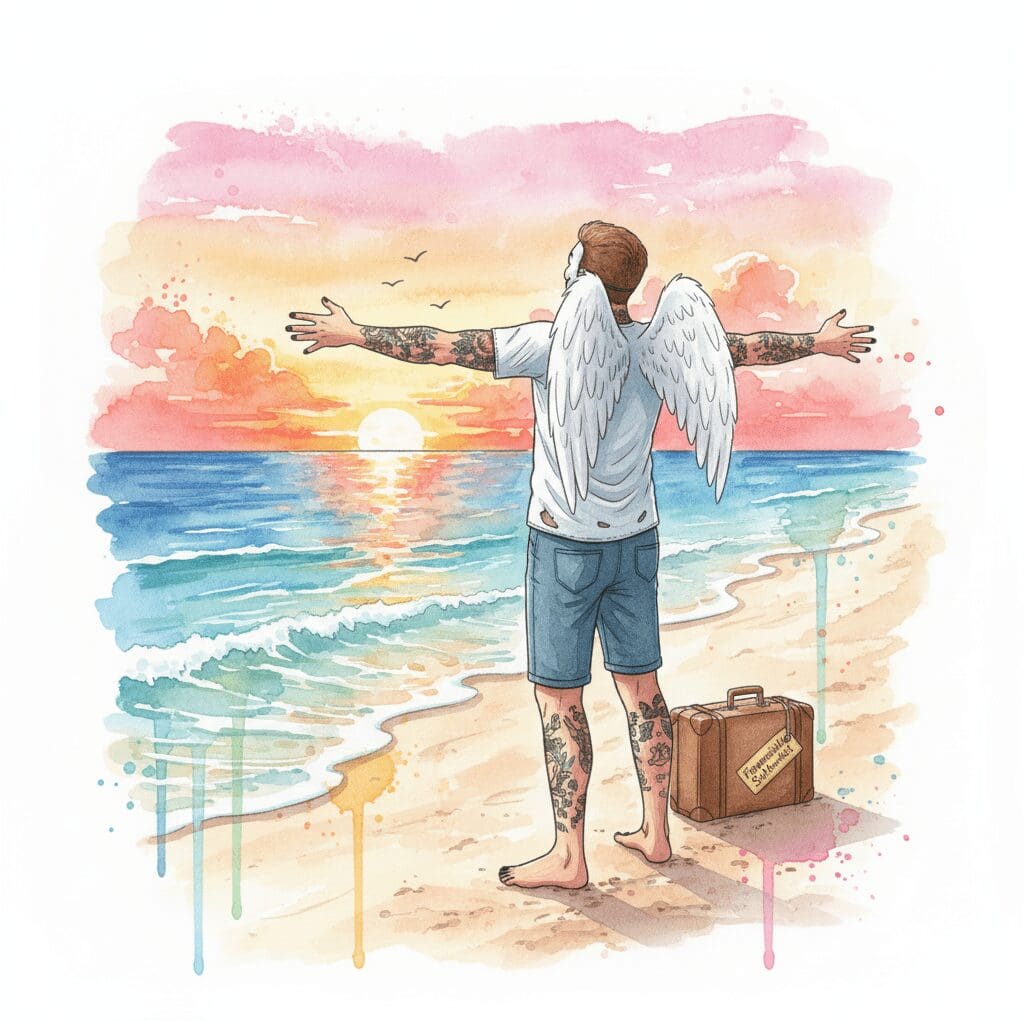 Die NeelixberliN-Figur (Watercolor) hat finanzielle Freiheit erreicht und genießt innere und äußere Freiheit am Meer.