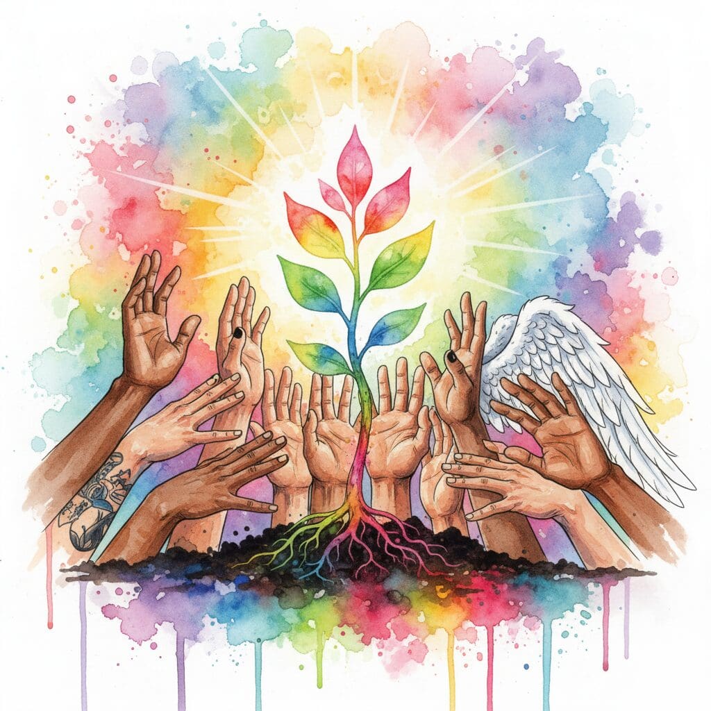 Viele Hände (Gemeinschaft) unterstützen im Watercolor-Stil eine wachsende Pflanze (Hoffnung/NeelixberliN).