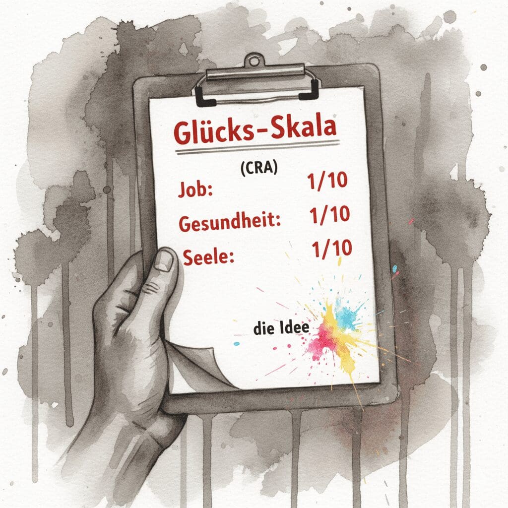 Eine Watercolor-Zeichnung der "Glücks-Skala" (CRA), die zeigt, wie die Einsicht in niedrige Lebenszufriedenheit (1/10) die erste Idee zur Veränderung zündet.
