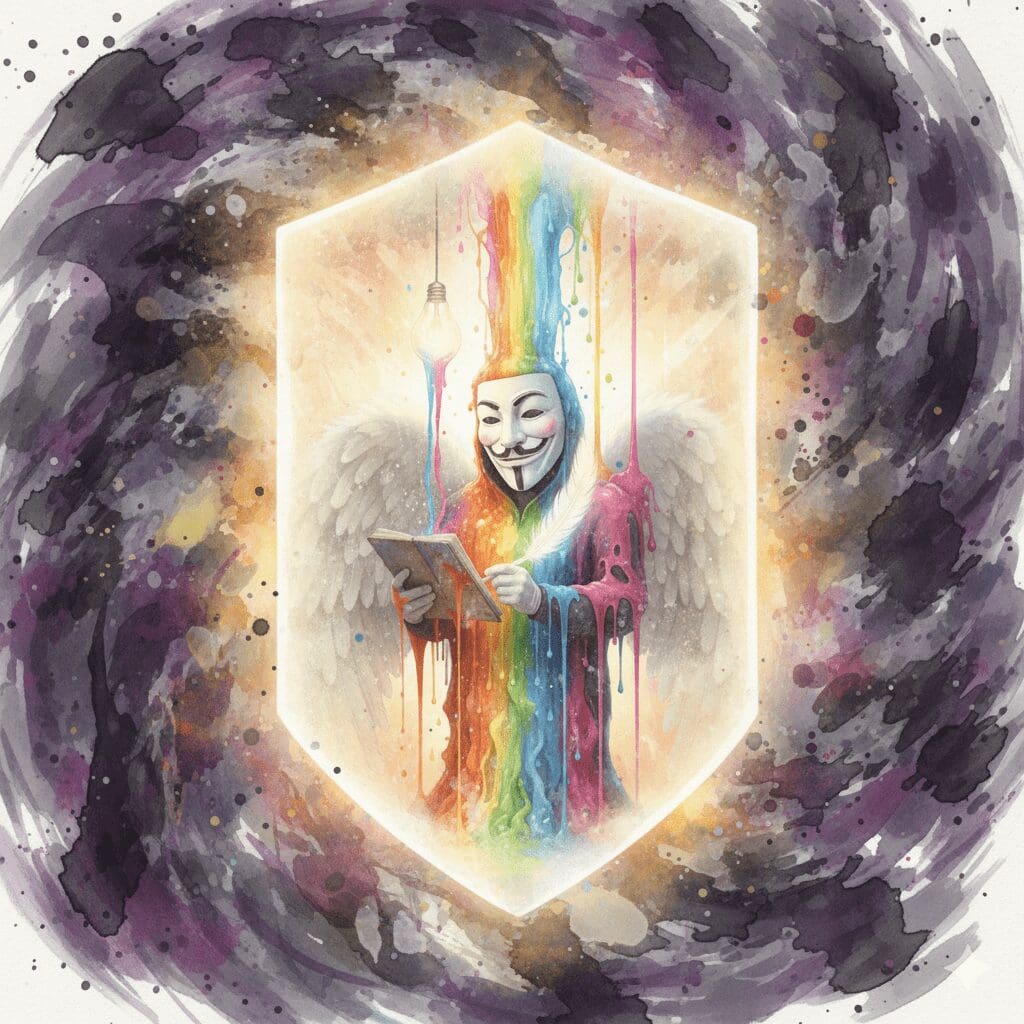 Die NeelixberliN-Figur (Watercolor) vertraut ihrer Intuition (Feder) und ist durch einen Lichtschild vor dem Lärm der Sucht (Orkan) geschützt.