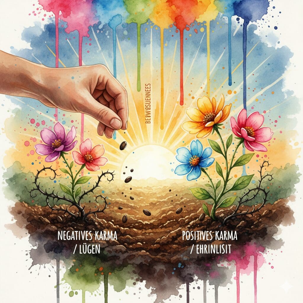 Eine Watercolor-Zeichnung: Eine Hand sät Karma. Aus schlechten Worten/Taten wachsen Dornen, aus guten wachsen Blumen.