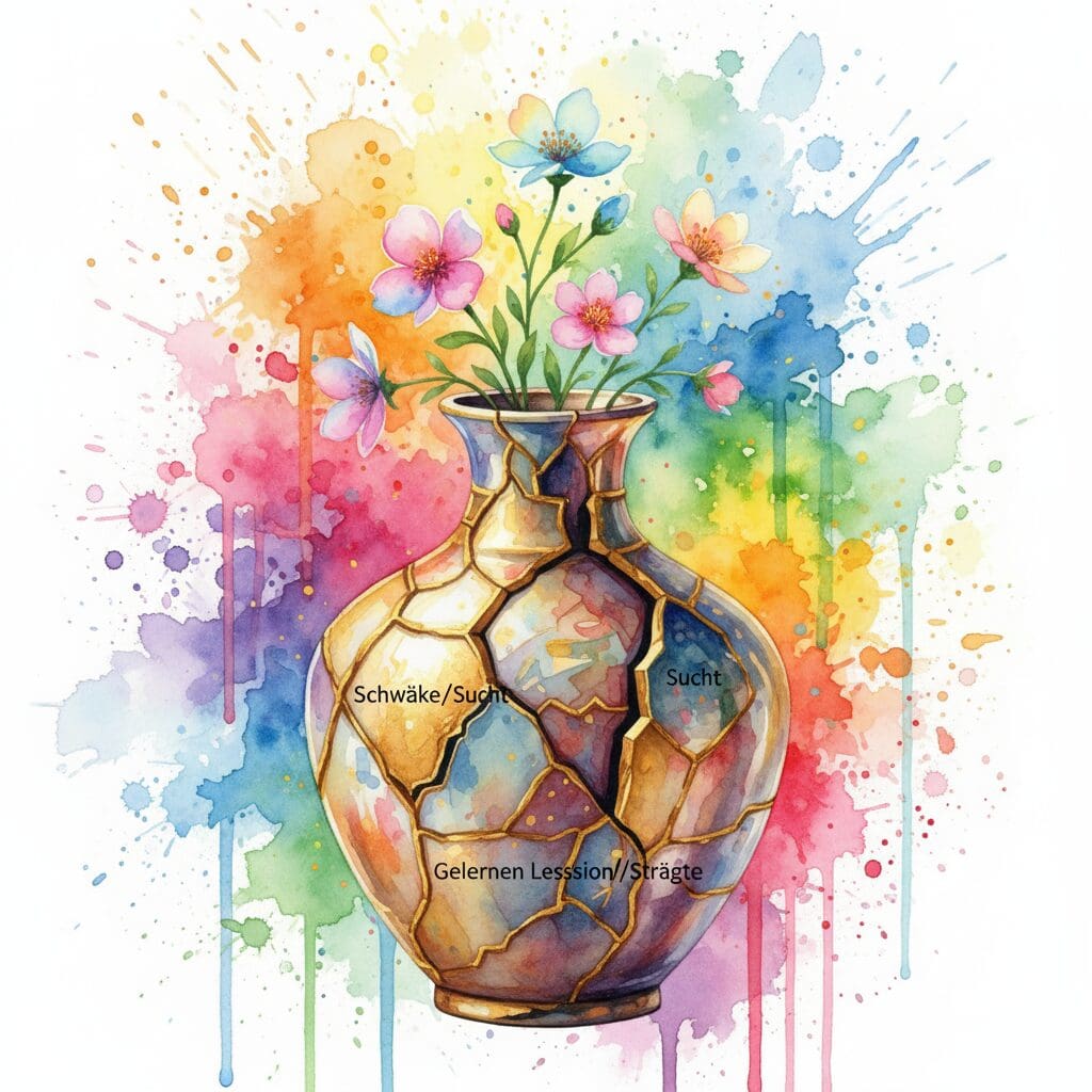 Eine Kintsugi-Vase (Watercolor), bei der die goldenen Risse (Stärke aus Sucht) sie schöner machen – Symbol für Wachstum durch Schmerz.