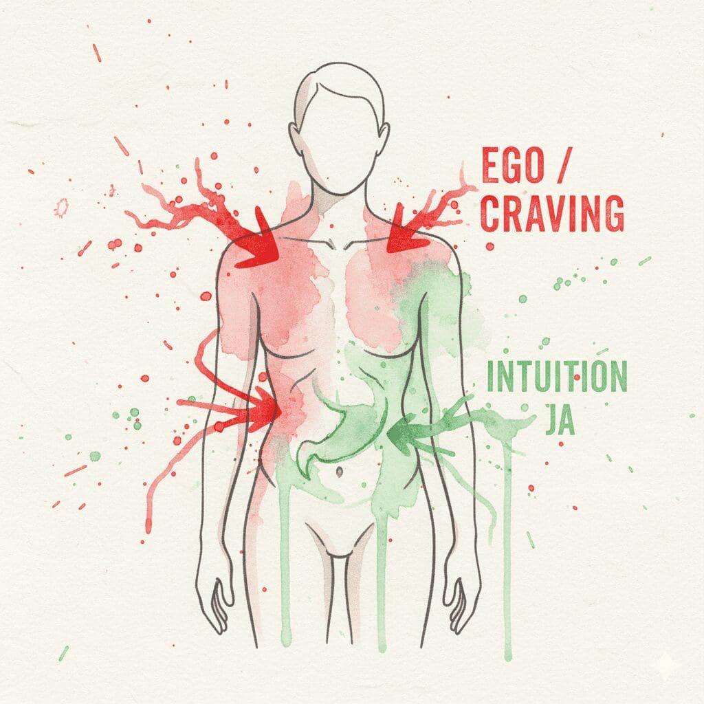 Eine Watercolor-Grafik, die zeigt, wie man Ego/Craving ("Enge") von Intuition ("Weite") anhand von Körpersignalen unterscheidet.