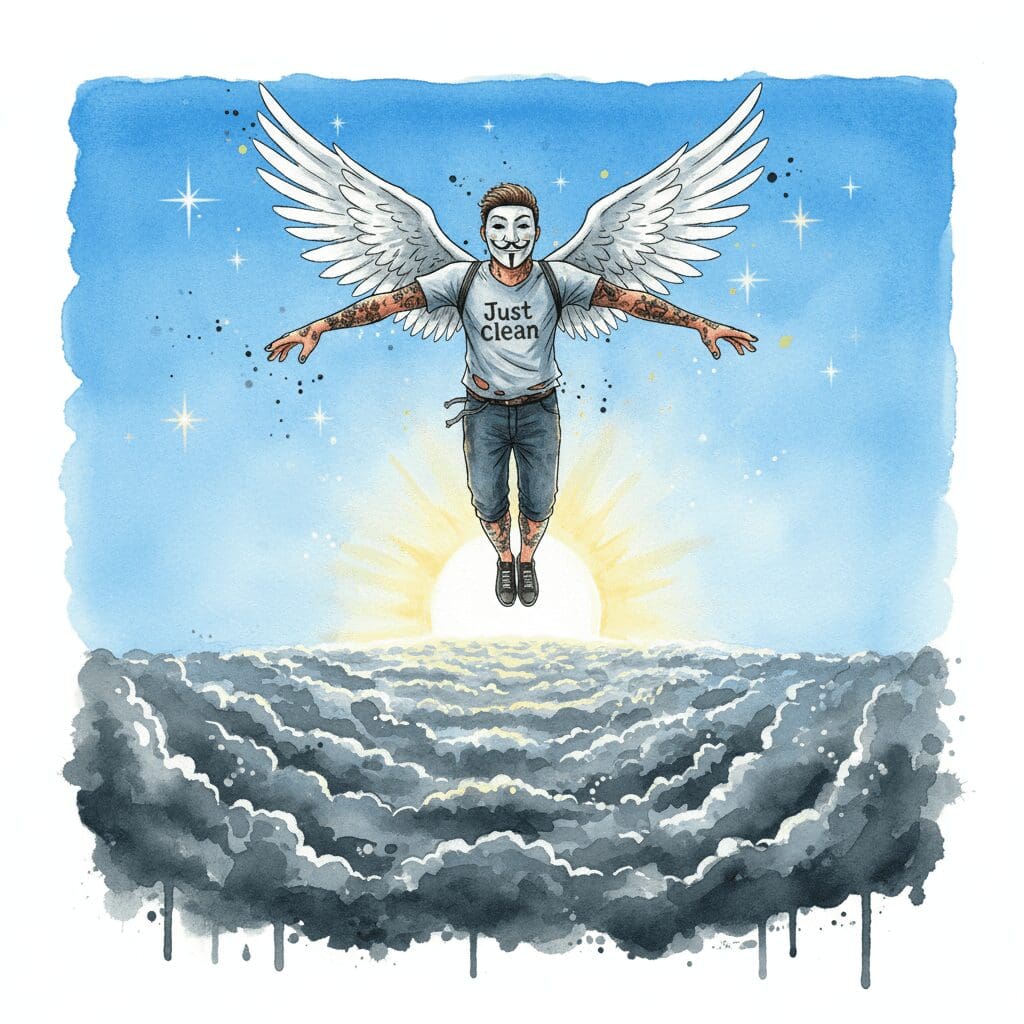 Die NeelixberliN-Figur (Watercolor) fliegt frei in eine positive Zukunft, nachdem sie ihr altes, negatives Umfeld losgelassen hat.