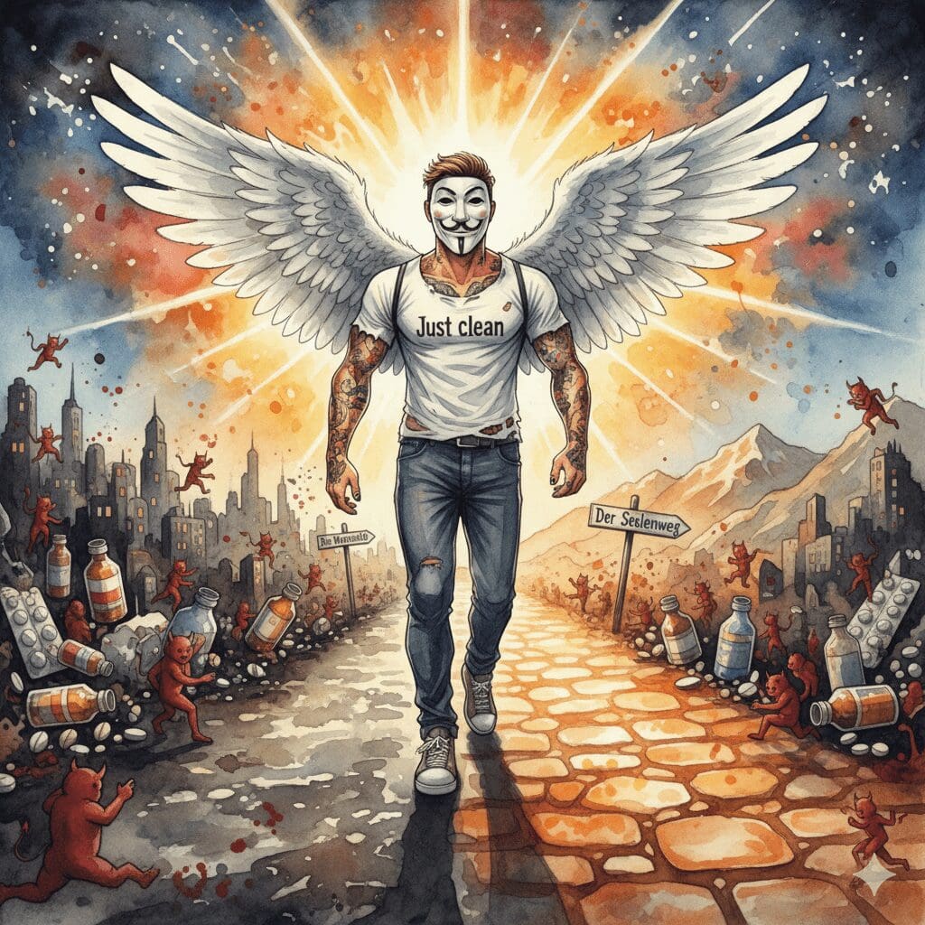 Die NeelixberliN-Figur (Watercolor) wählt den spirituellen Seelenweg (Berg) statt des materiellen, chaotischen Wegs (Stadt der Süchte).