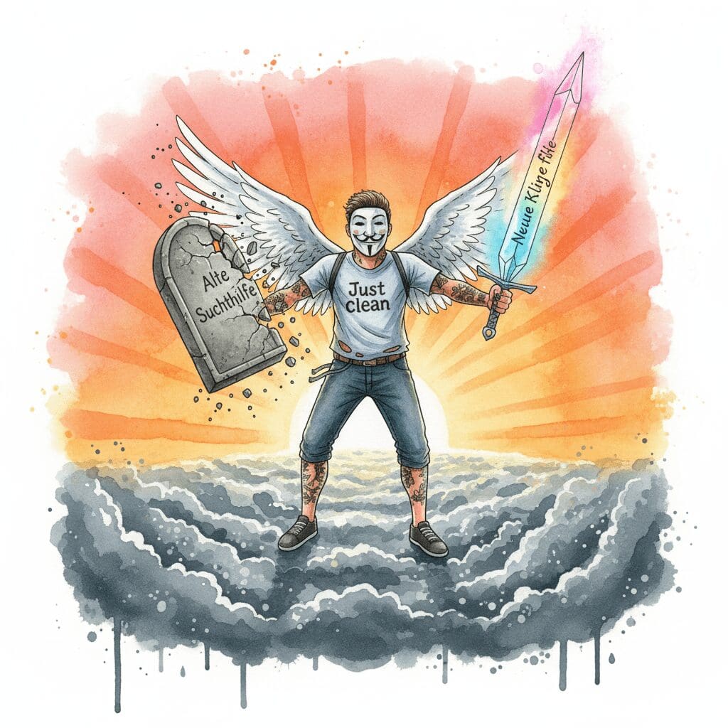 Die NeelixberliN-Figur (Watercolor) zerbricht alte Suchthilfe-Methoden und präsentiert eine neue, leuchtende Klinge (Vision).