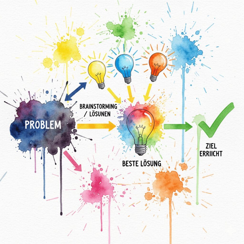 Eine Watercolor-Grafik des CRA-Problemlöseprozesses: Vom Problem über Brainstorming zur besten Lösung und zum Erfolg.