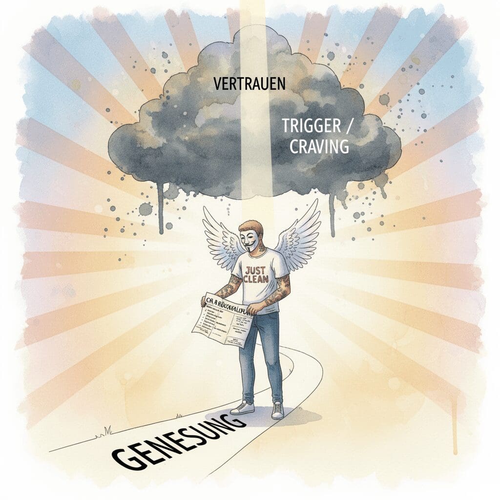 Eine Watercolor-Zeichnung: Eine Person auf dem Genesungsweg begegnet einem Trigger mit einem CRA-Rückfallplan und gewinnt Vertrauen.