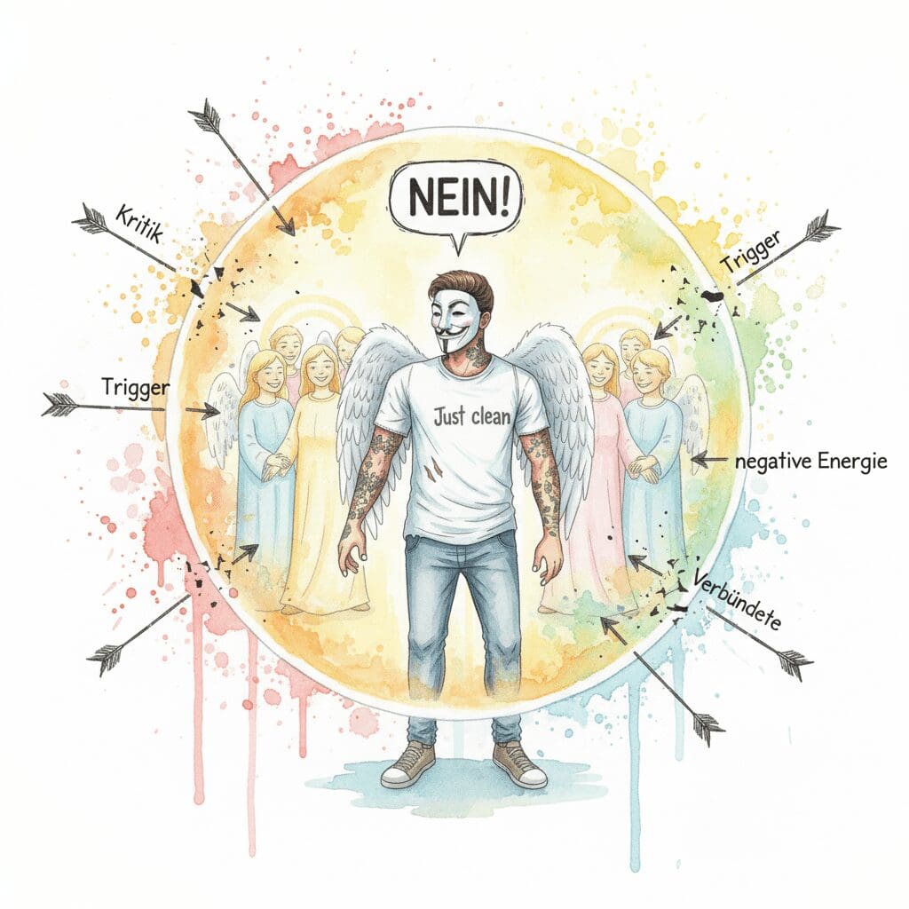 Die NeelixberliN-Figur (Watercolor) schützt sich durch Nein-Sagen (CRA) und ein positives Netzwerk (Verbündete) vor negativen Einflüssen.
