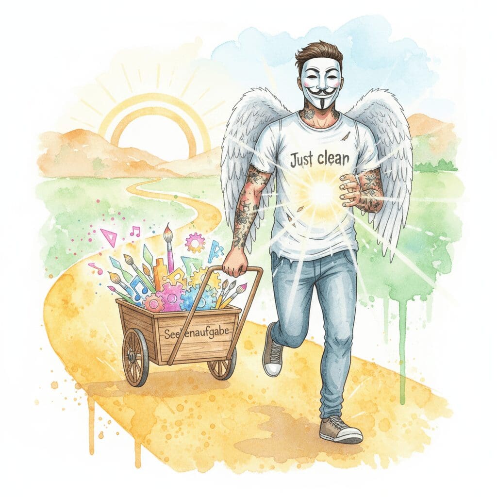 Die NeelixberliN-Figur (Watercolor) hat ihre Seelenaufgabe gefunden und zieht voller Energie ihren Wagen mit Gaben.