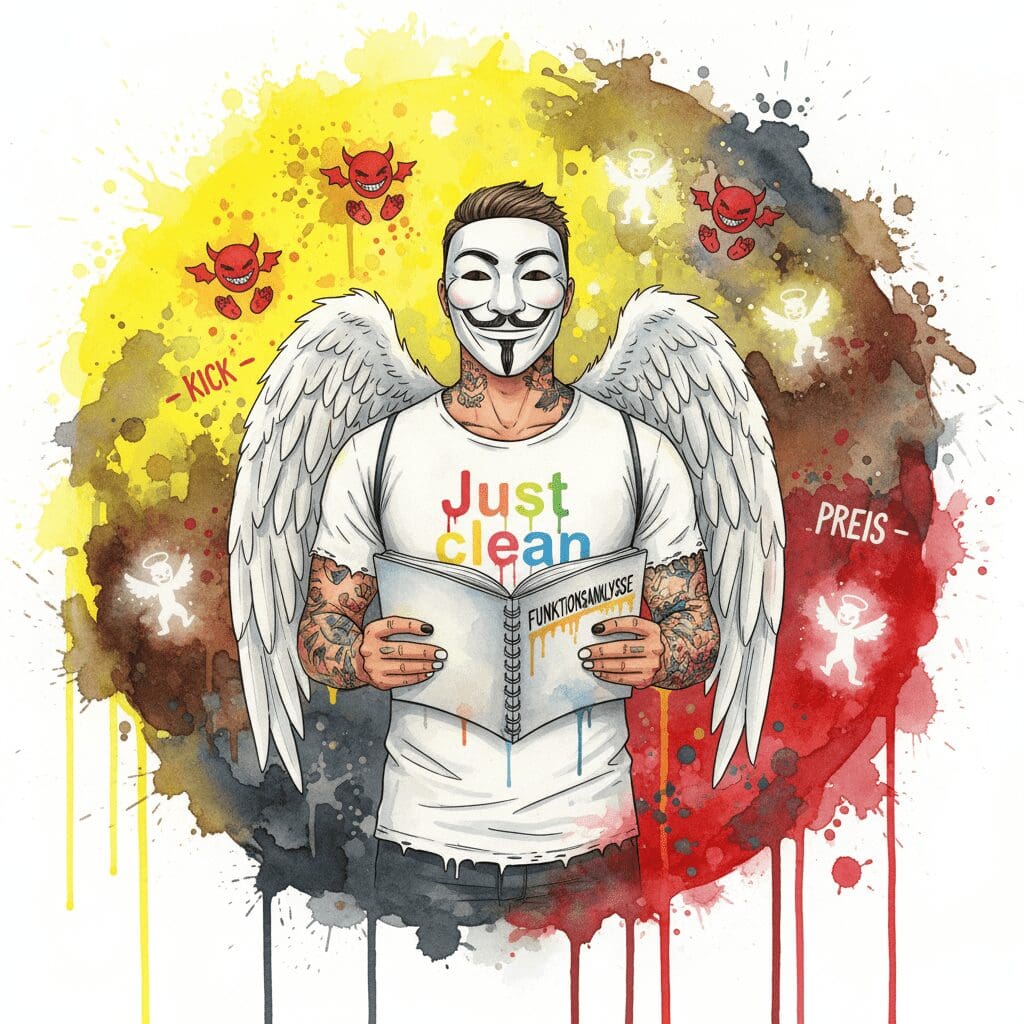 Die NeelixberliN-Figur (Engel mit Anonymous Maske) hält ein Buch zur Funktionsanalyse, umgeben von einem Watercolor-Chaos der 5 Sucht-Fallen.