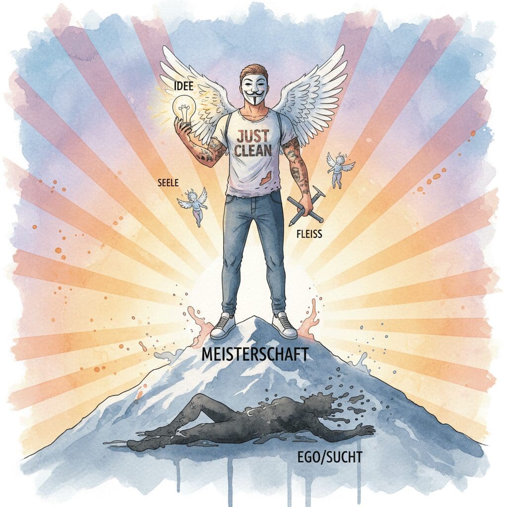 Die NeelixberliN-Figur (Watercolor) symbolisiert Meisterschaft in der Genesung: Mit Idee (Seele) und Fleiß (CRA) das Ego (Sucht) besiegen.