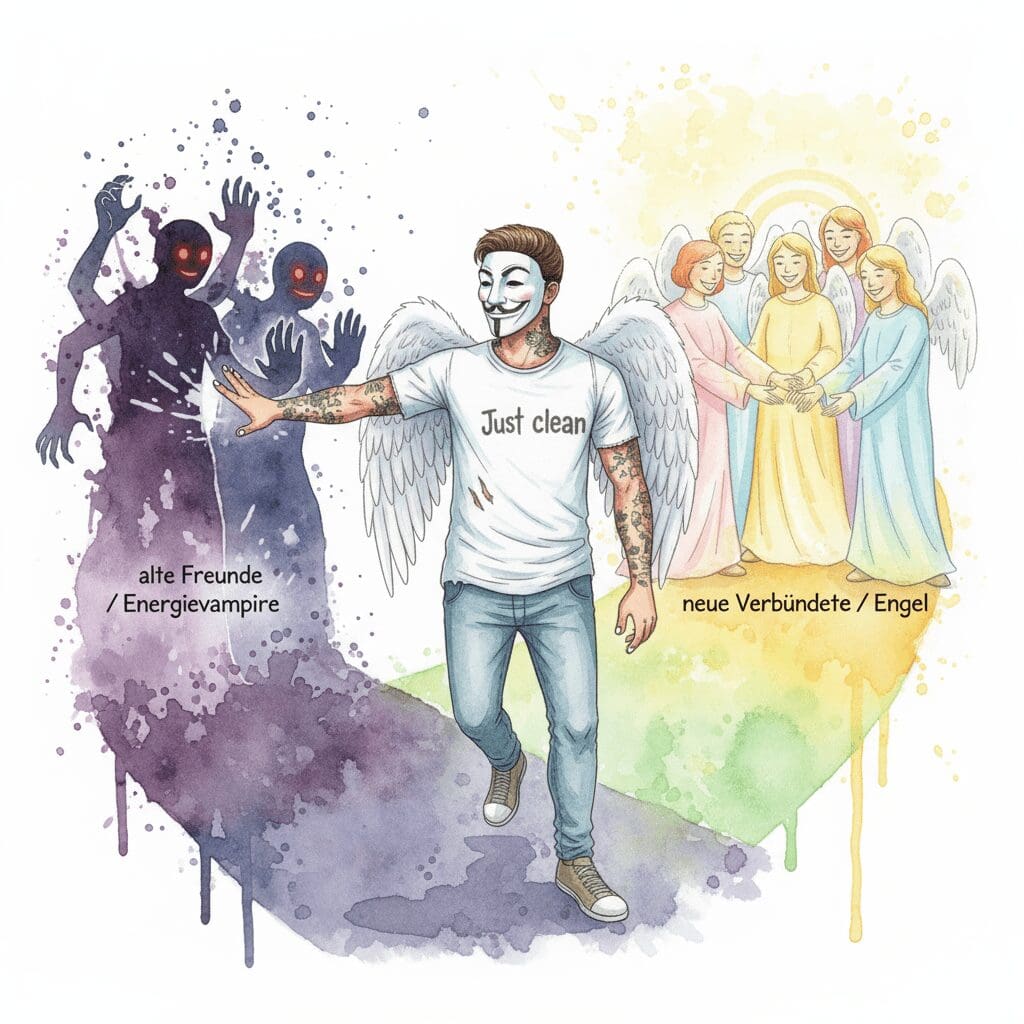 Die NeelixberliN-Figur (Watercolor) lässt ihr altes, negatives Umfeld los und wendet sich ihren neuen, positiven Verbündeten zu.