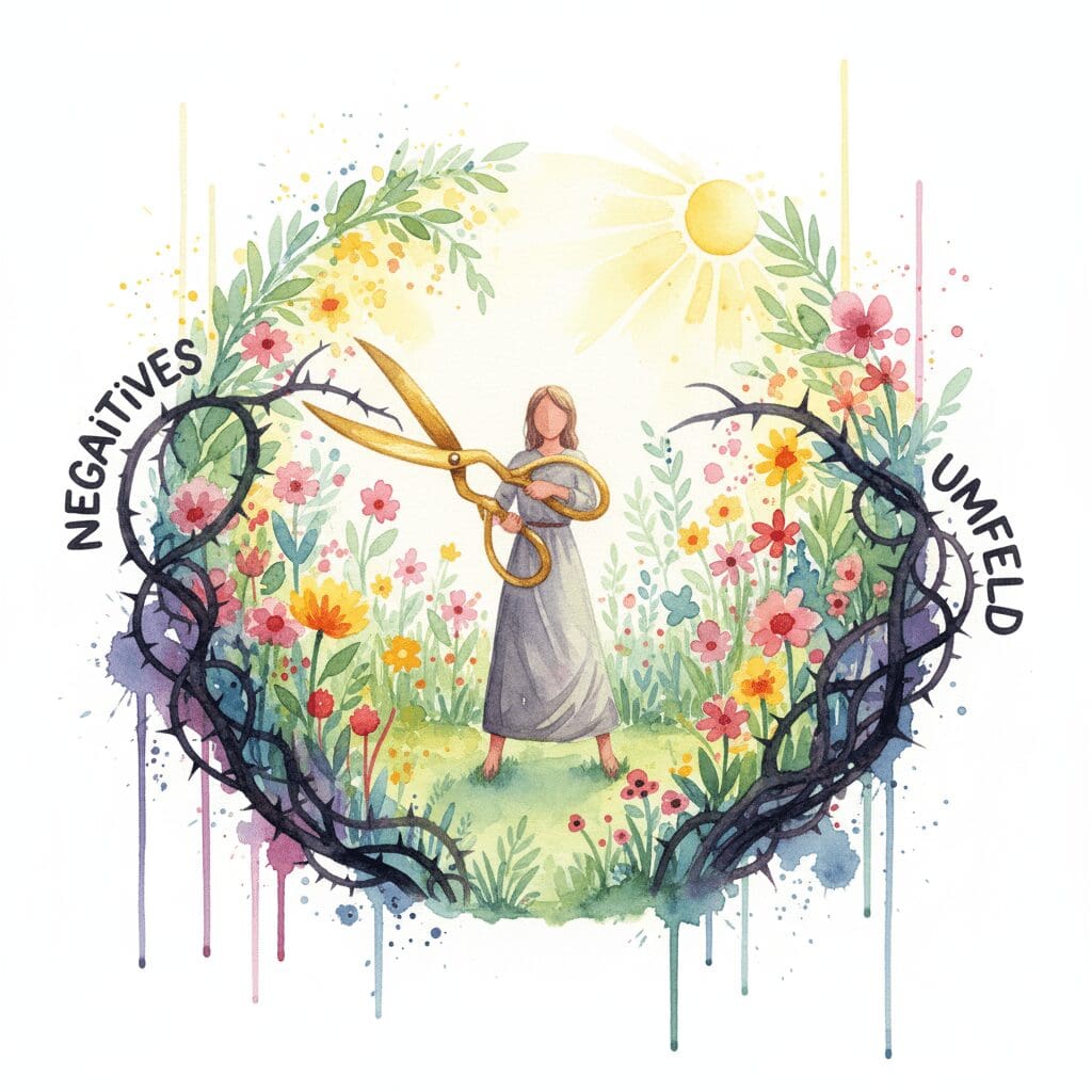 Eine Watercolor-Zeichnung: Eine Person pflegt ihren Garten (positives Umfeld), indem sie negative Einflüsse (Dornen) abschneidet.