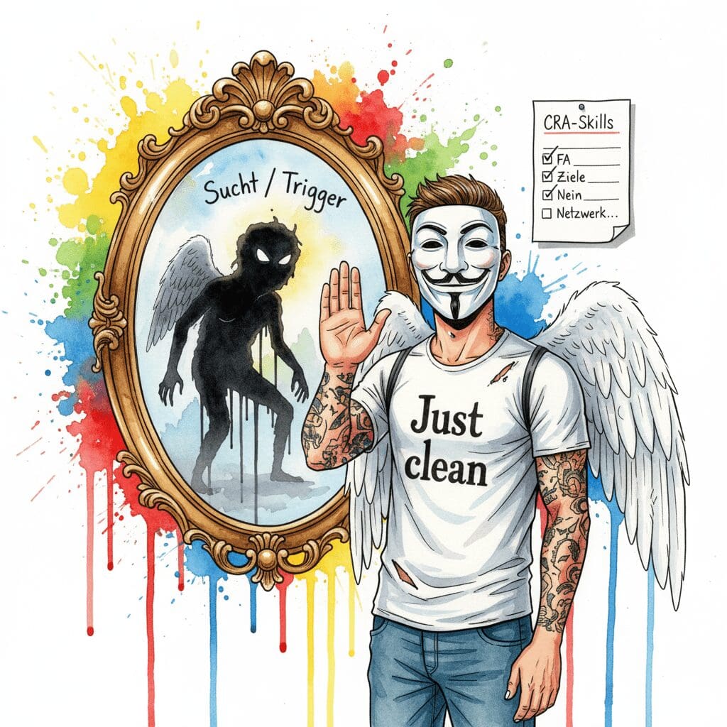 Die NeelixberliN-Figur (Watercolor) übt vor dem Spiegel CRA-Skills (Nein-Sagen), um die Sucht zu besiegen.