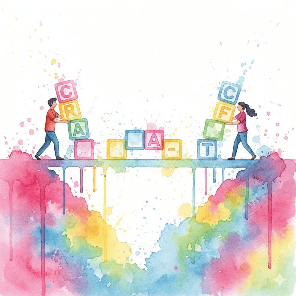 Zwei Menschen bauen von verschiedenen Seiten eine Brücke mit denselben Werkzeugen. Symbol für die gemeinsame Sprache von CRAFT und CRA.