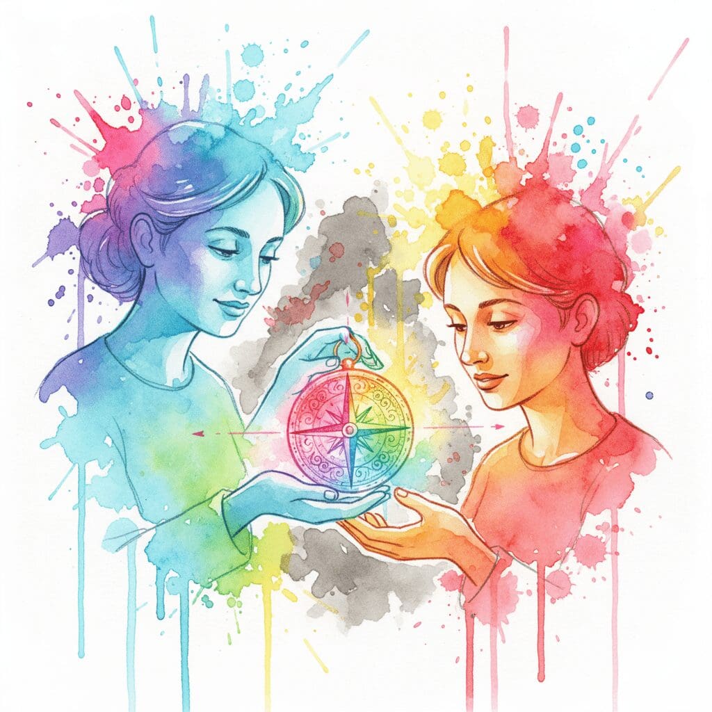 Ein Therapeut gibt einem Klienten einen Kompass statt einer Karte. Symbol für die Selbstbestimmung und Werkzeugorientierung der CRA-Therapie.