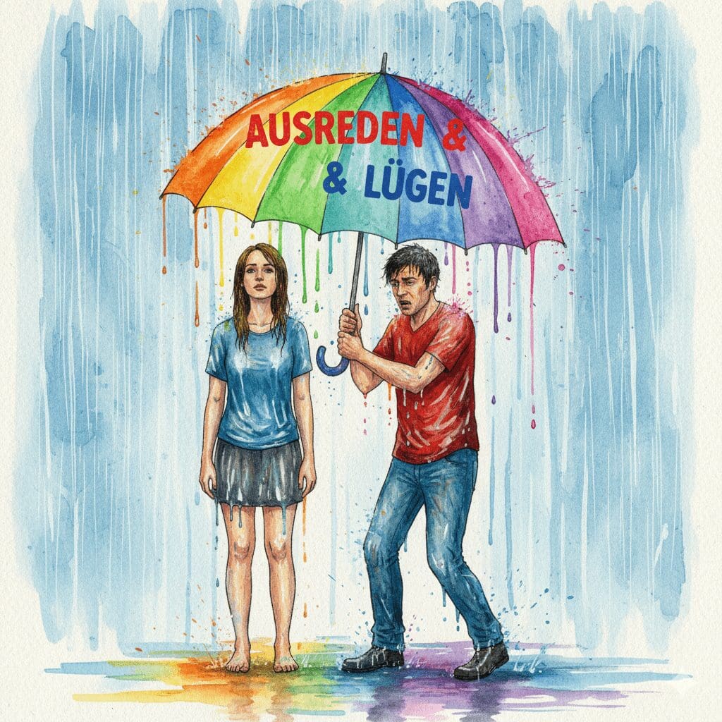 Eine Person hält einen Regenschirm über eine andere, die im Regen steht. Symbol für das schädliche "Enabling" und das Abfedern von Konsequenzen.