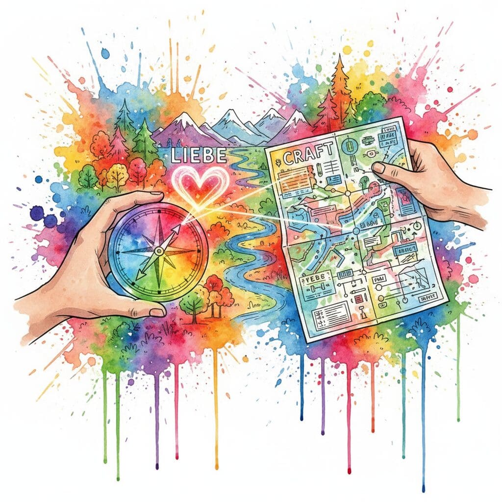 Ein Kompass der Liebe und eine Landkarte der Wissenschaft arbeiten zusammen. Symbol für die Synthese aus Gefühl und Strategie im CRAFT-Mindset.