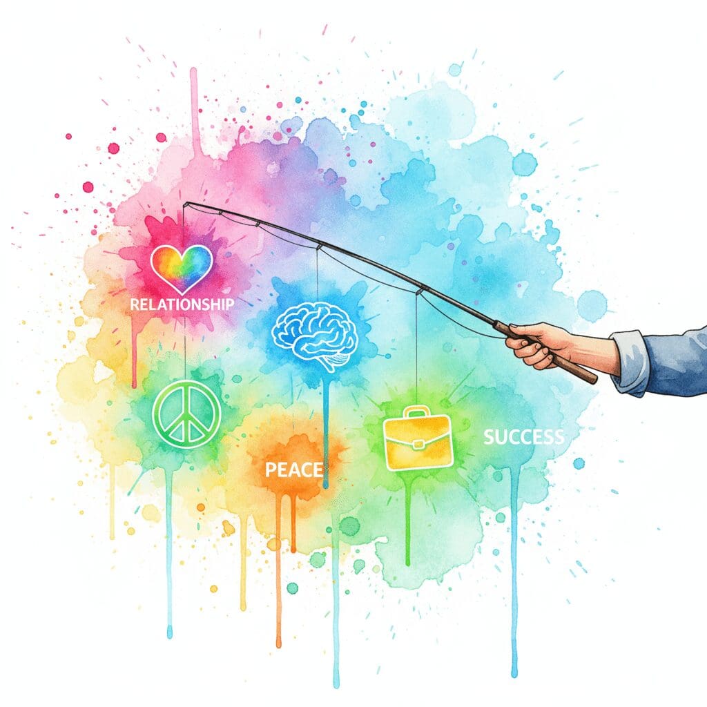 Eine Angel mit attraktiven Symbolen als Köder. Symbol für die motivationalen Haken der CRAFT-Methode, um jemanden für eine Therapie zu interessieren.