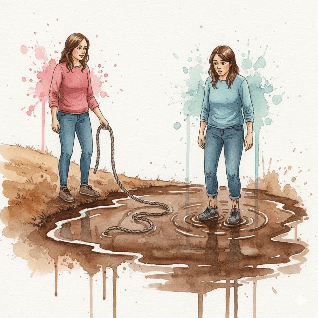 Eine Person lässt ein Seil los, damit eine andere in einer Pfütze landet. Symbol für das Zulassen natürlicher Konsequenzen nach der CRAFT-Methode.