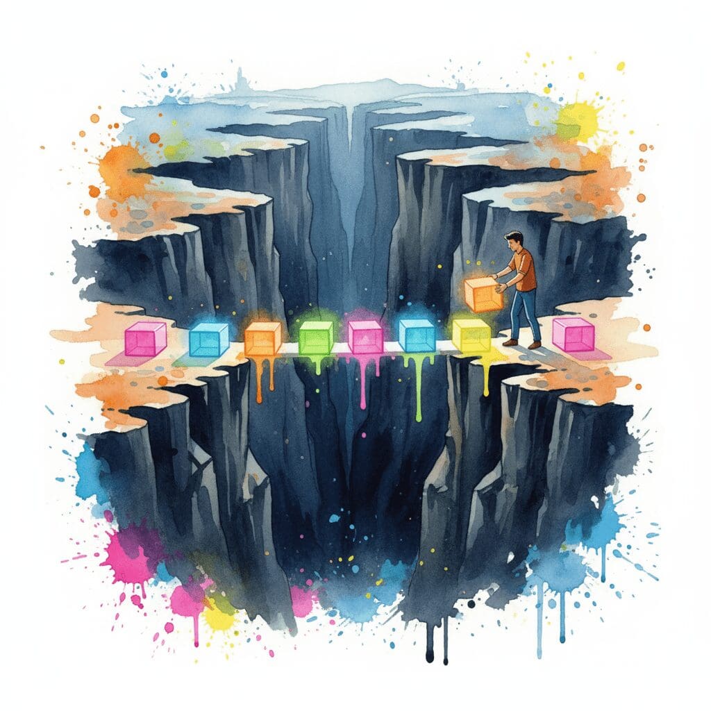 Eine Person baut Schritt für Schritt eine Brücke über eine Schlucht. Symbol dafür, große Probleme in kleine, lösbare Schritte zu zerlegen.